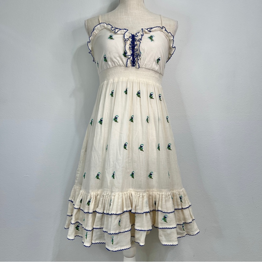 Floreat by Anthropologie Cream Floral Embroidered Dress with Ruffle Hem